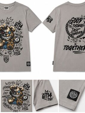 Kids Gray Graphic Bear Short Sleeve Tee